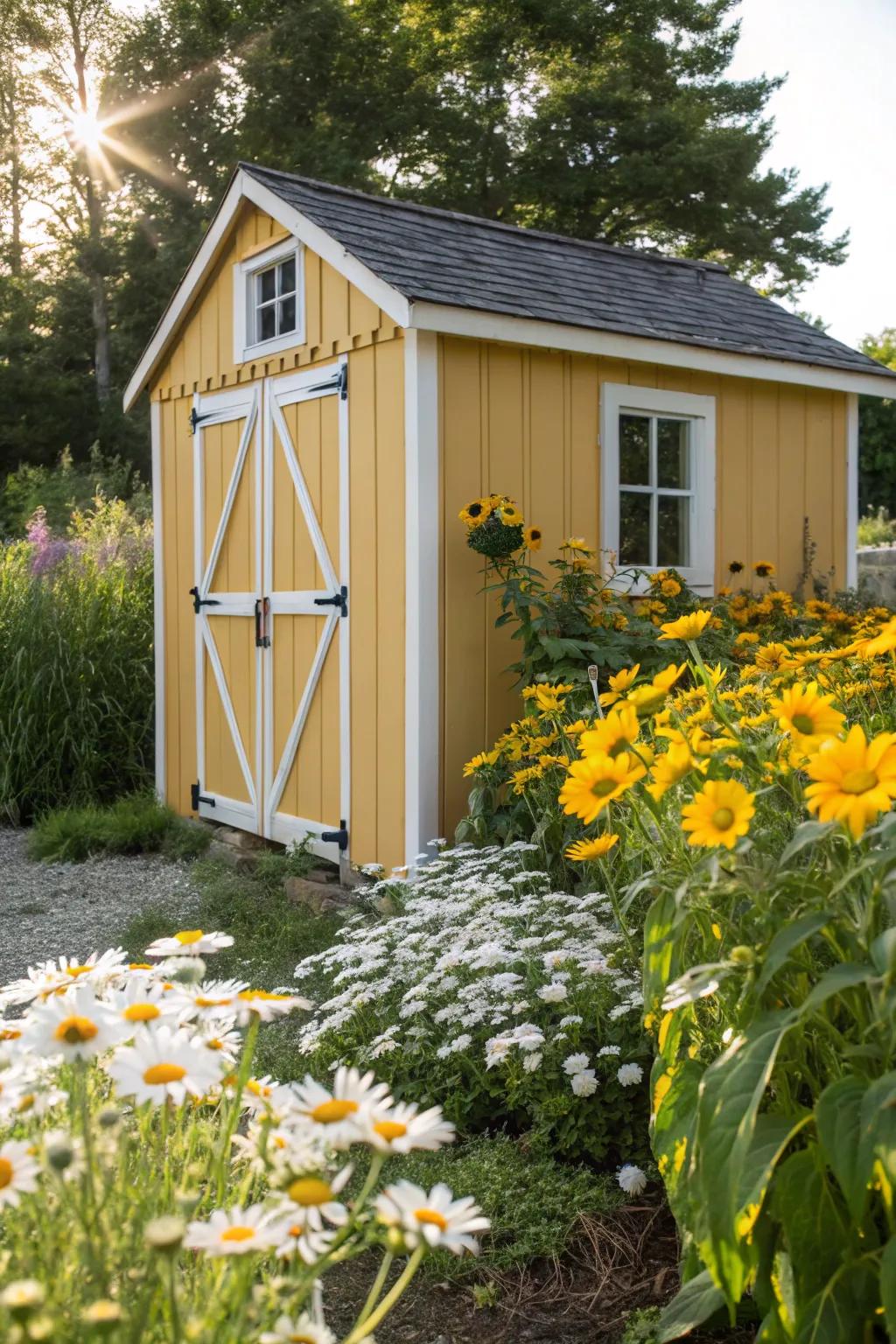 A sunshine yellow shed, brightening up any garden.