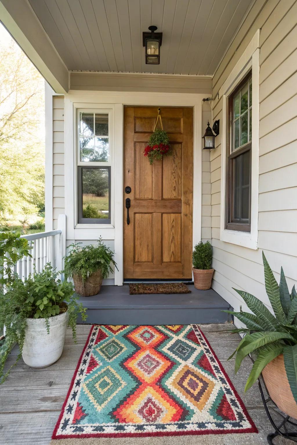 A small front porch enhanced by a bold and stylish outdoor rug, adding character and charm.
