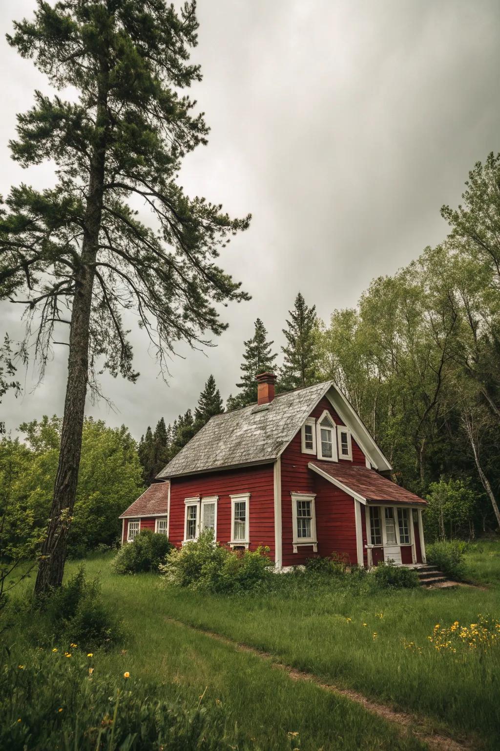 Rustic red and white hues evoke a warm, charming exterior.