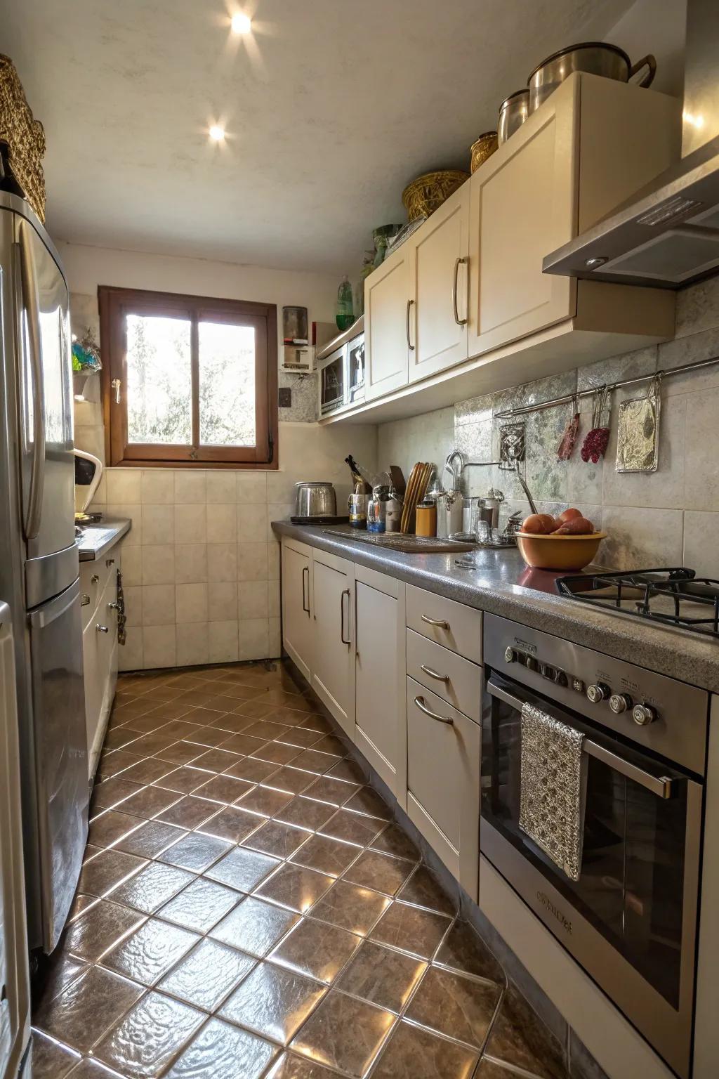 Metallic hue coverings for a modern edge in a small kitchen