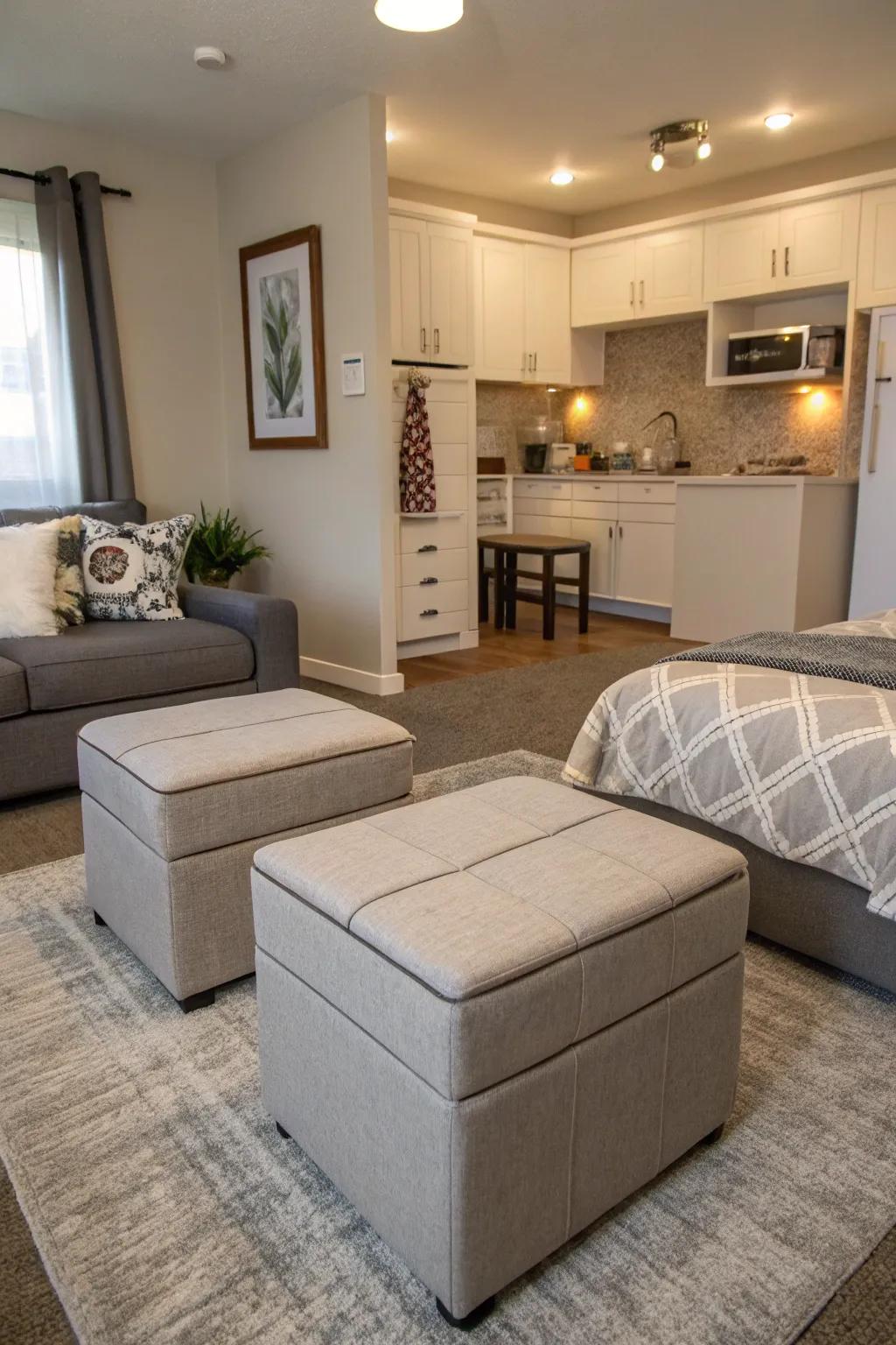 A studio apartment showcasing multi-purpose furniture, such as storage ottomans.