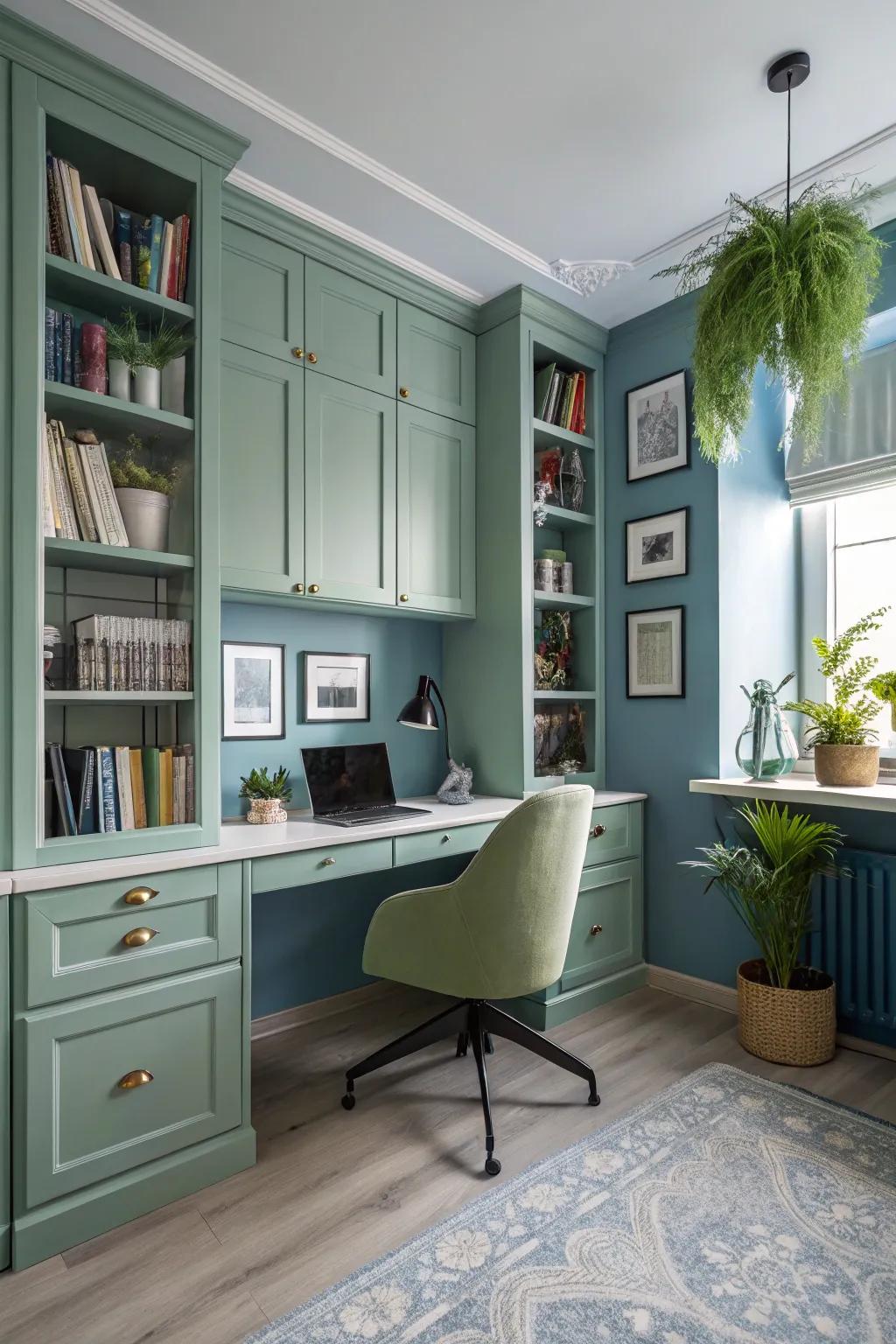 A study room featuring a tranquil and productive color scheme.