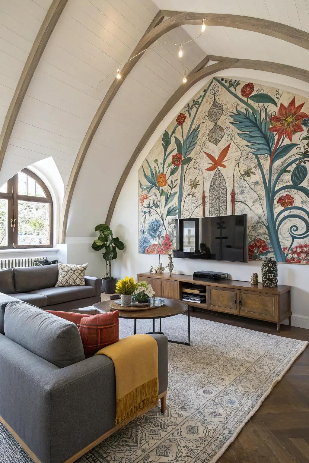 Creative elements like scenes introduce a singular touch to this vaulted ceiling room.