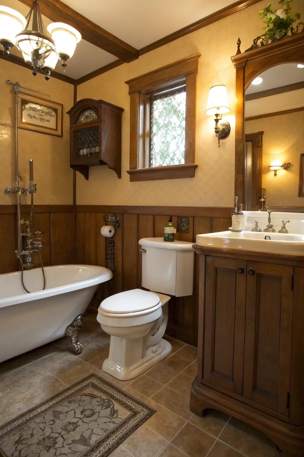 An elevated tank toilet adds historical fascination.