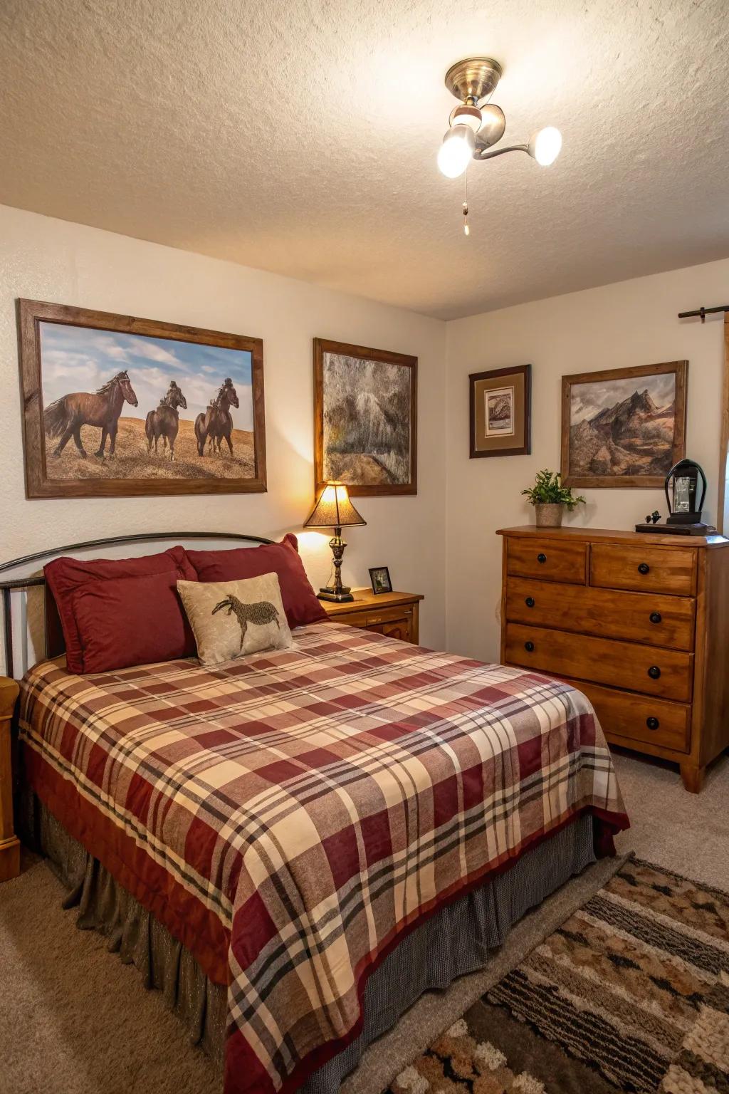 Western art adds dimension and storytelling to the bedroom.
