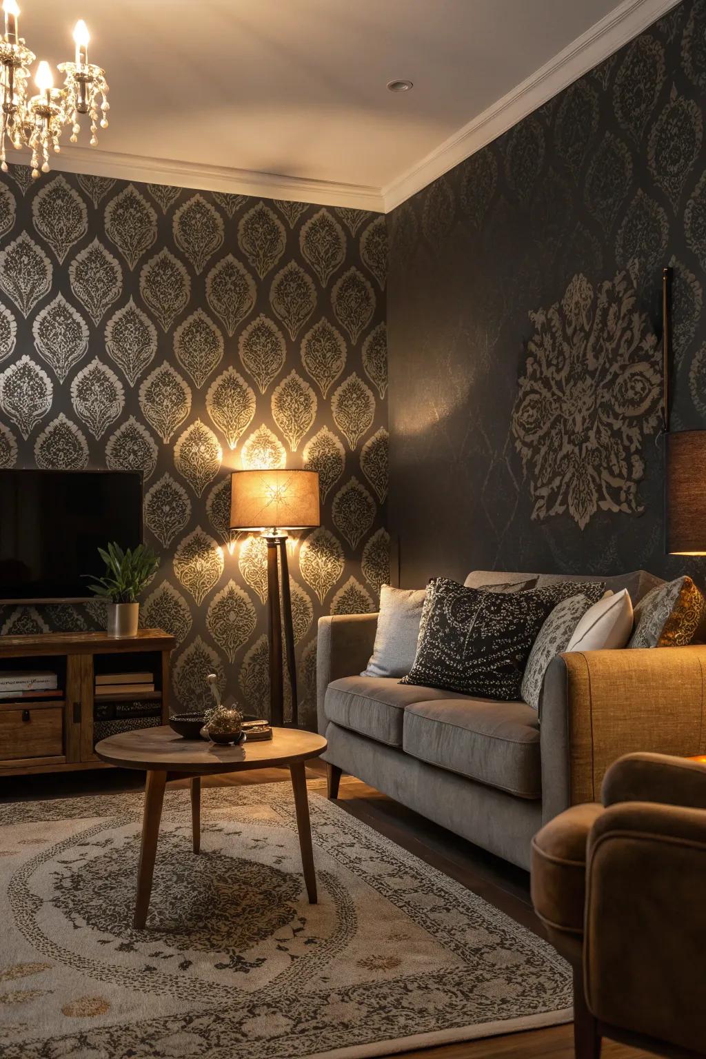 Dark wallpaper adding intrigue to a moody living room.