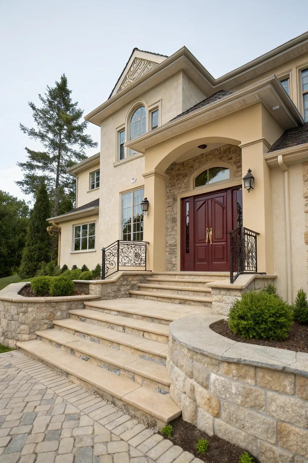 Burgundy front door incorporates a touch of luxury to a beige house.