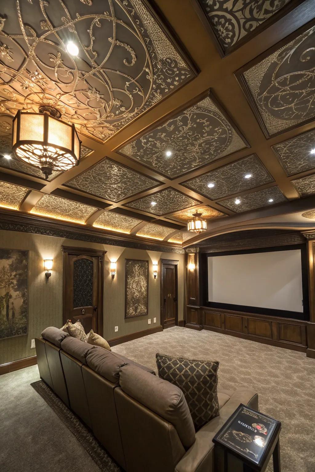 An eye-catching ceiling adds an unexpected element of style to your movie room.