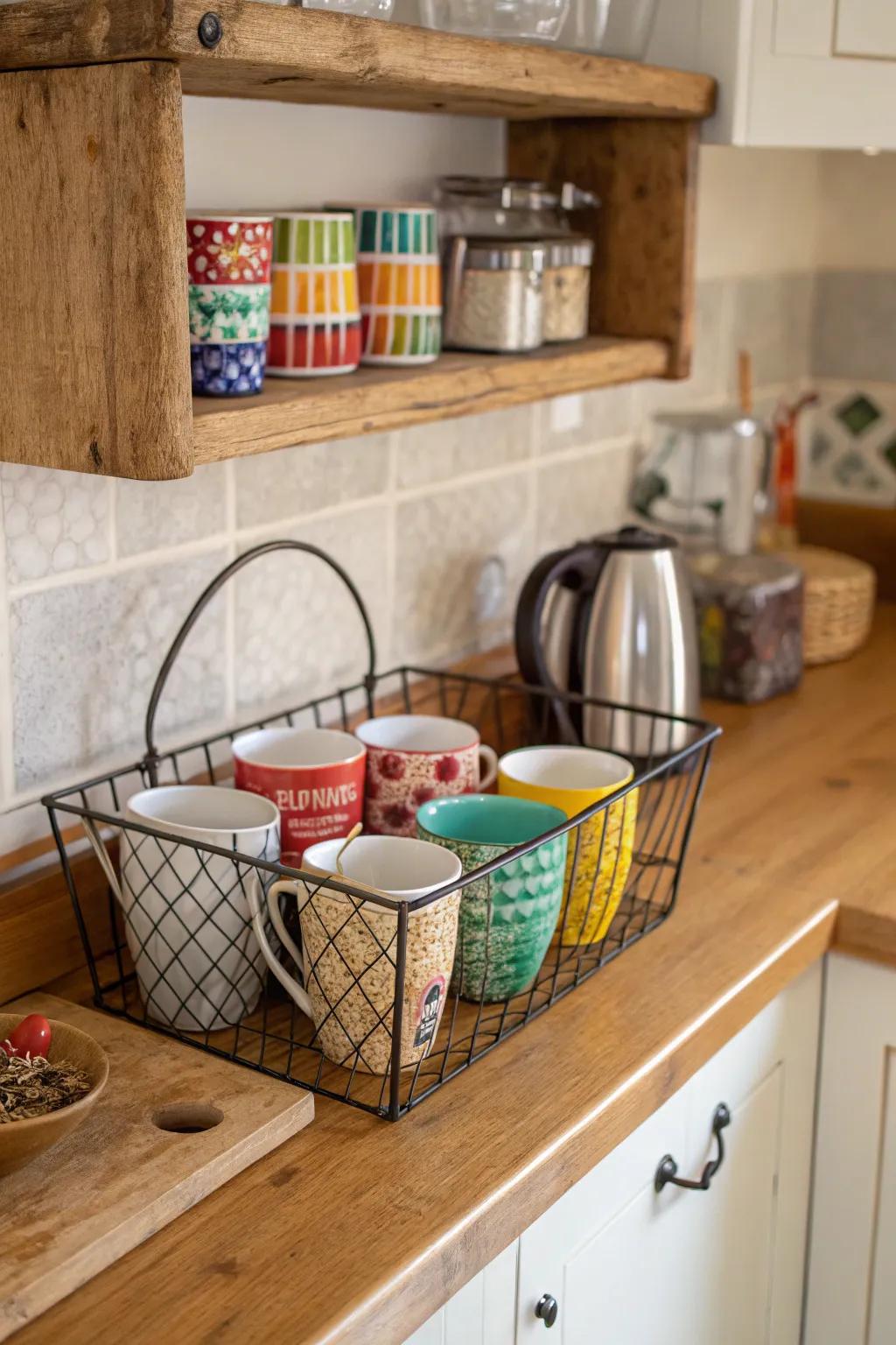 Keep your mugs organized with a charming wire basket.