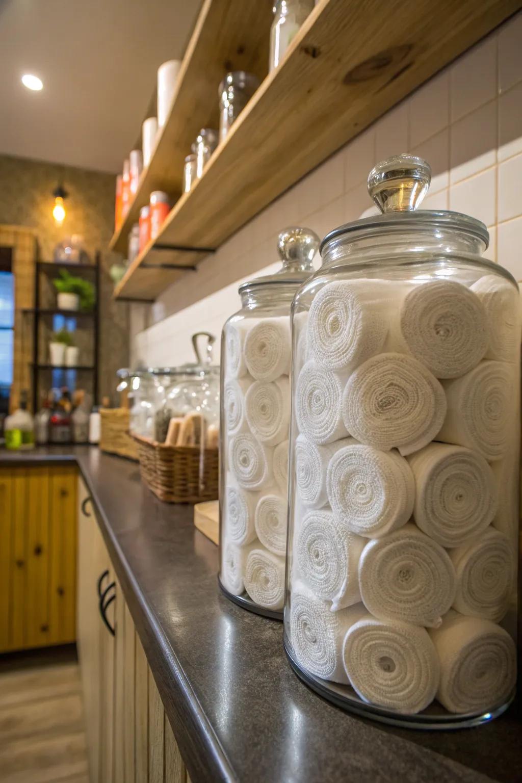 Glass containers deliver a vintage and space-saving means of organizing napkins.