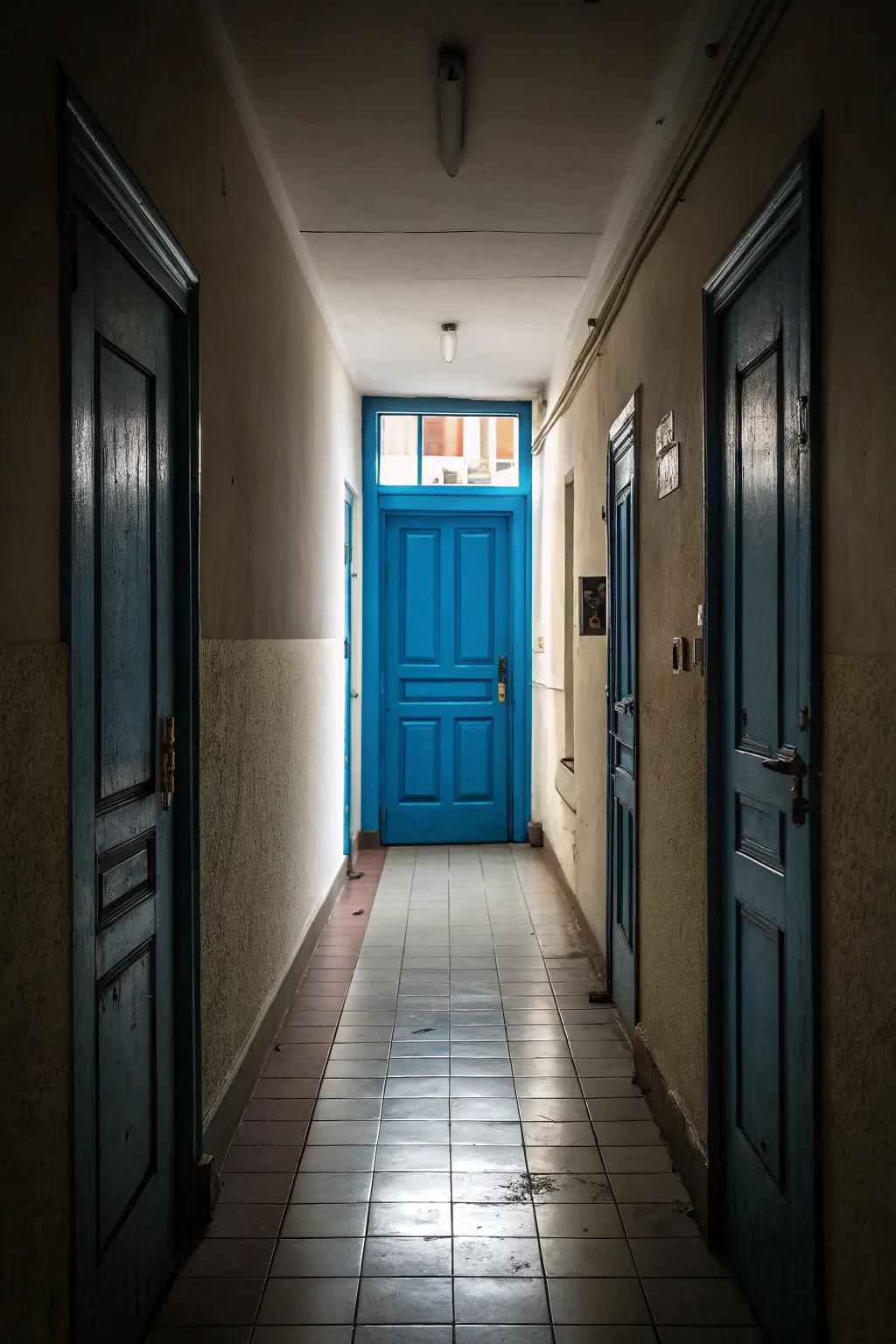 A striking entrance hue introduces personality and a focal feature to a narrow hallway.