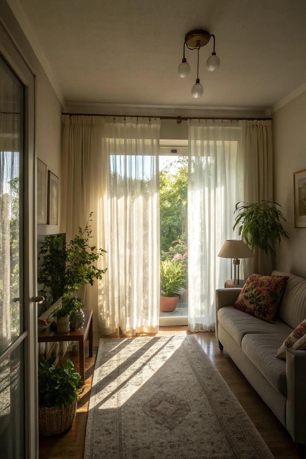Semi-transparent curtains allowing sunlight to brighten a narrow living area.