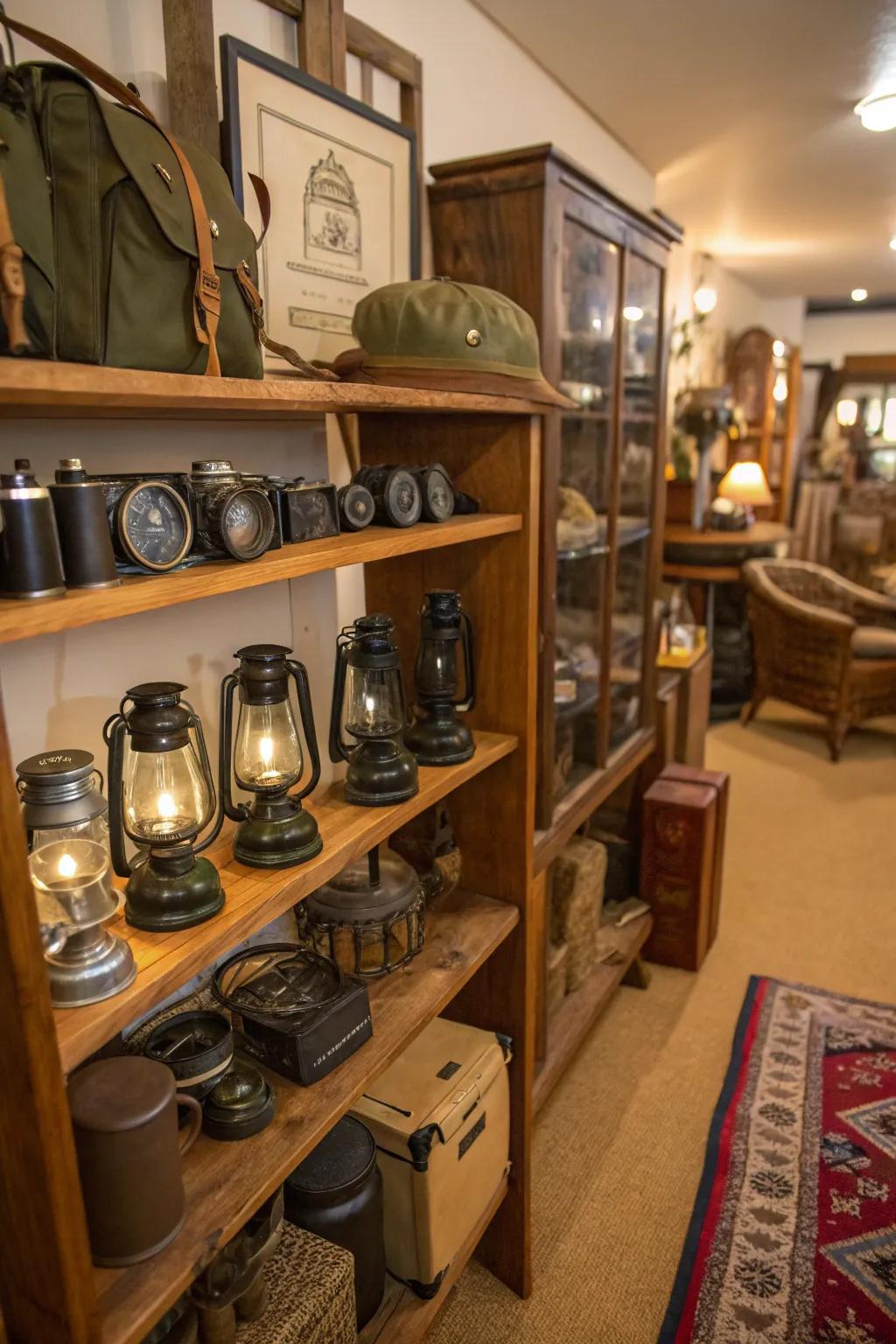 Vintage outdoor gear imparts a historical touch to your decor.