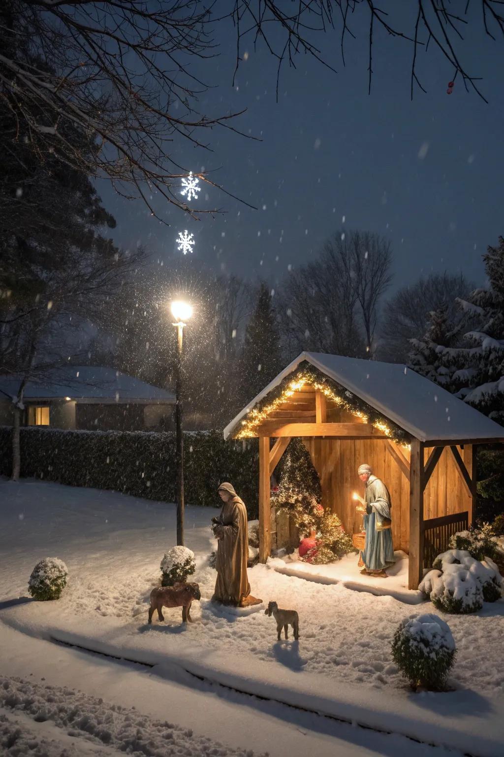 A luminous exterior nativity scene greets holiday visitors.