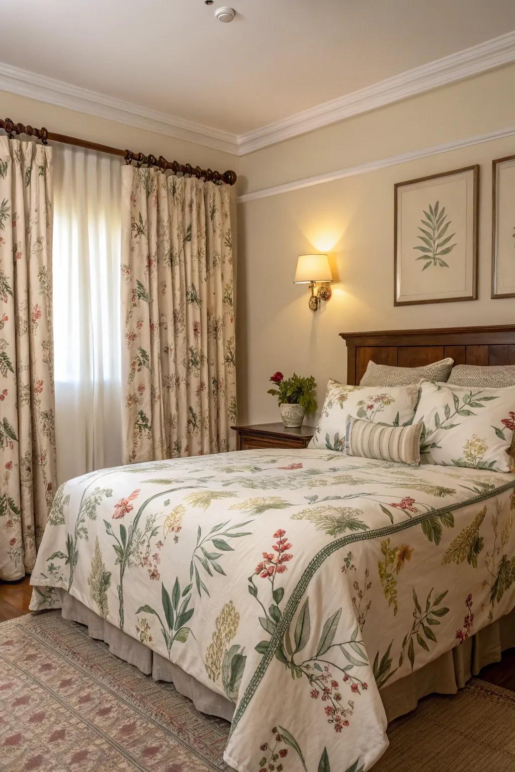 Plant designs infuse the bedroom with a garden-like atmosphere.