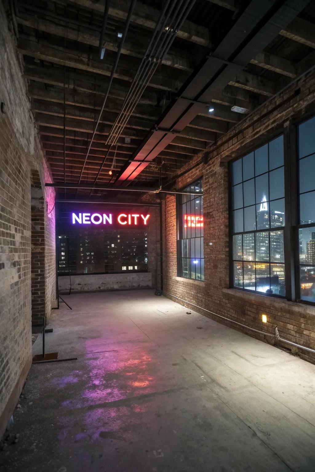 A neon city lights design complements the industrial aesthetic of a loft.