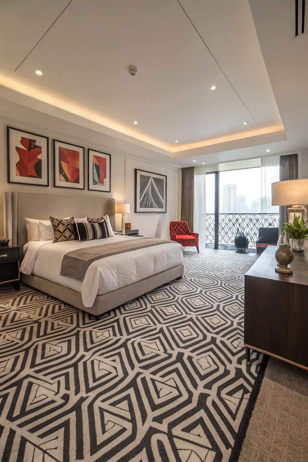 Geometric carpets present a modern twist to bedroom design.