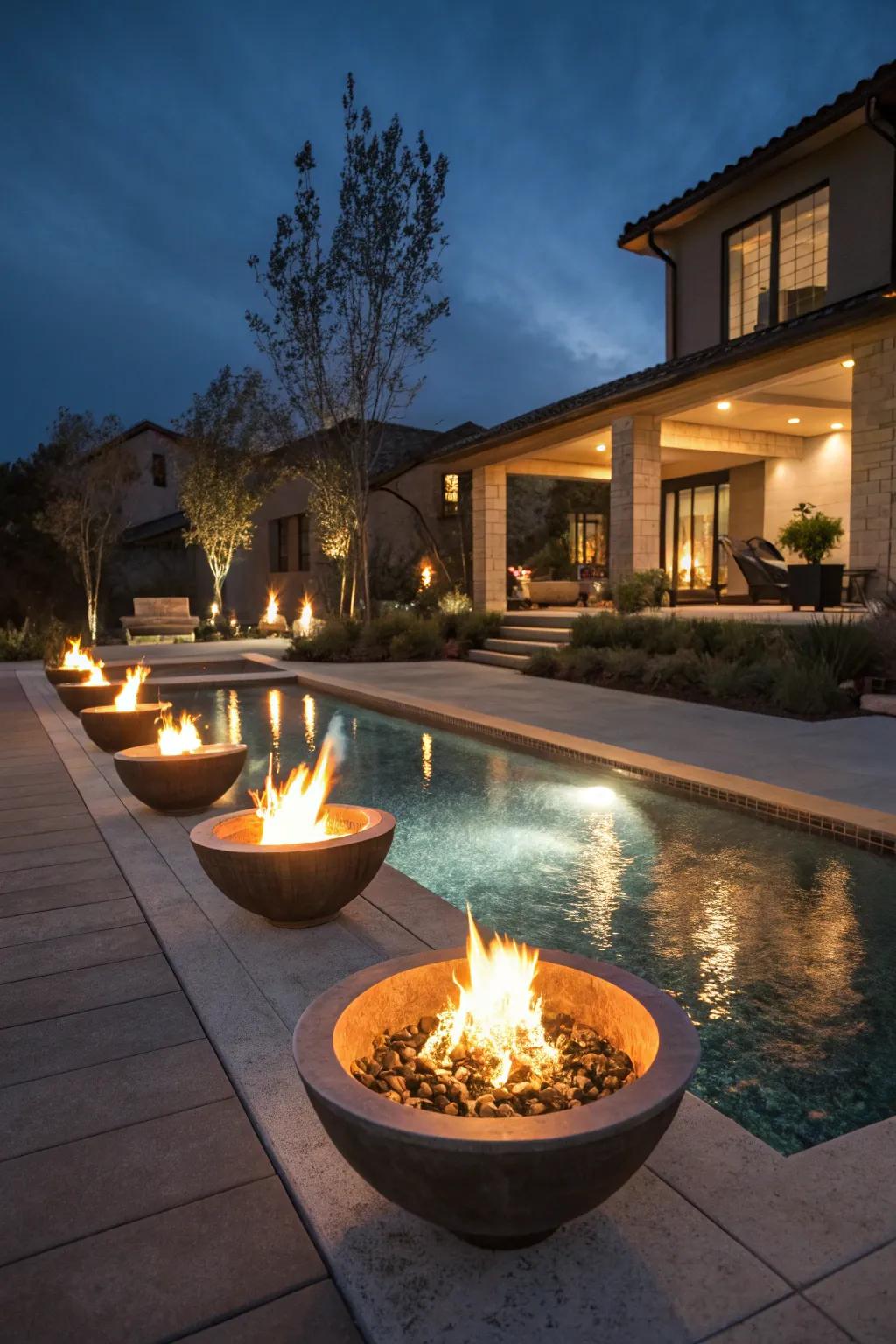 A captivating pool zone showcasing fire features that illuminate the night.