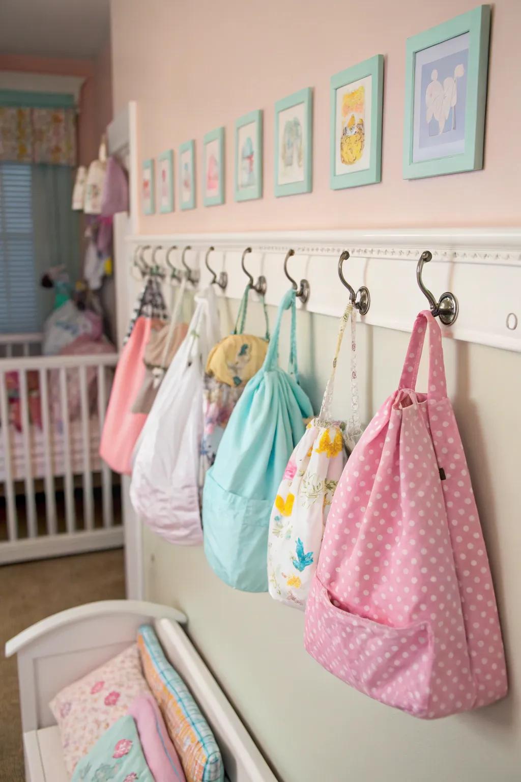 Wall-affixed hooks deliver useful storage designed for daily-use items.