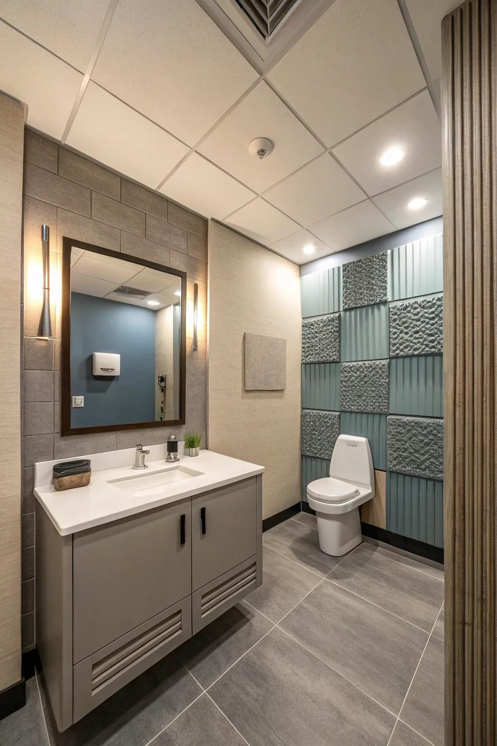 Sound-dampening materials guarantee a serene and private office lavatory experience.