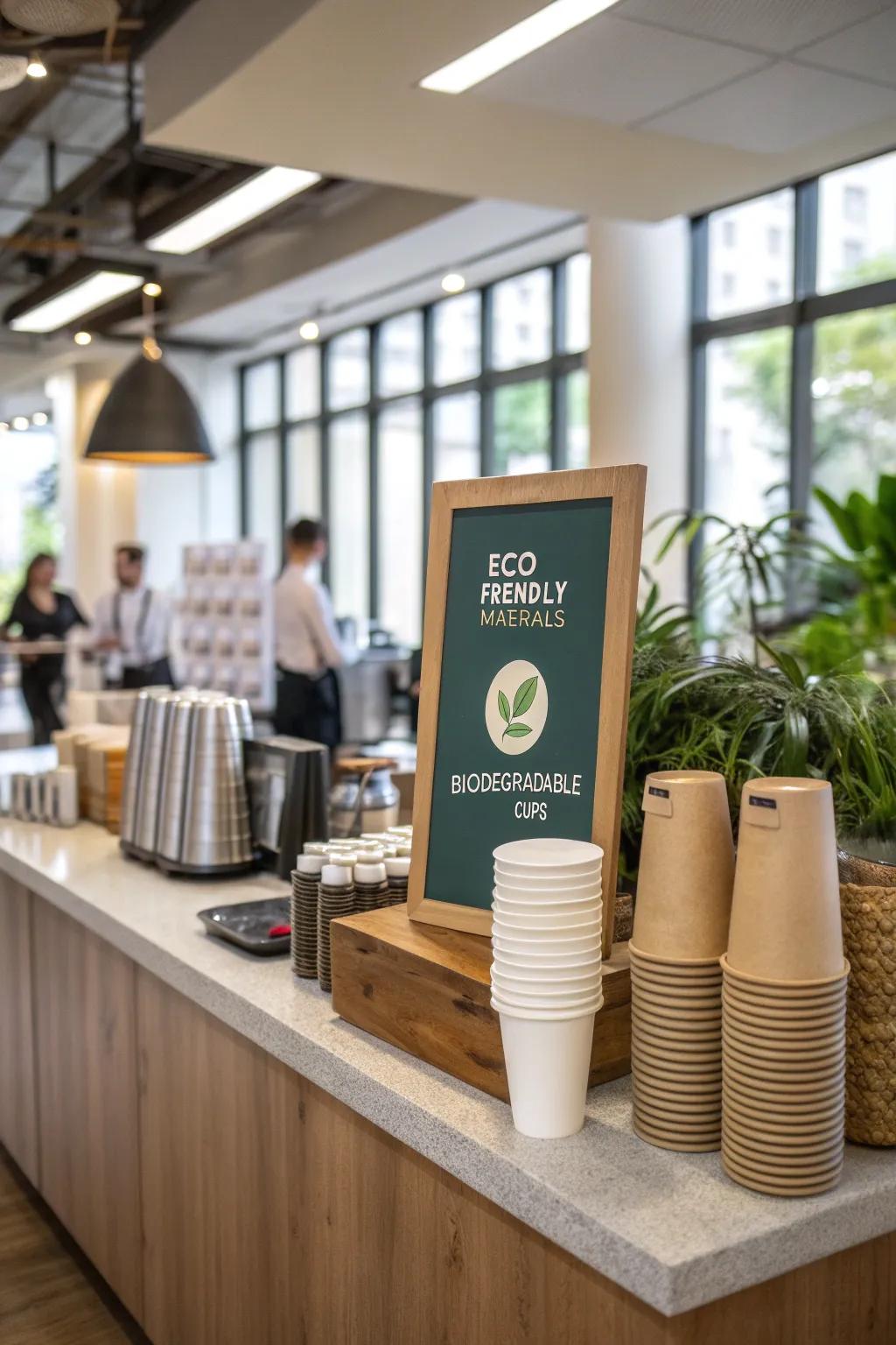 An eco-friendly coffee station shows a commitment to sustainability.