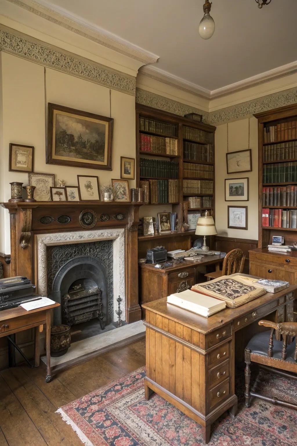 Nostalgic appeal with a vintage fireplace.