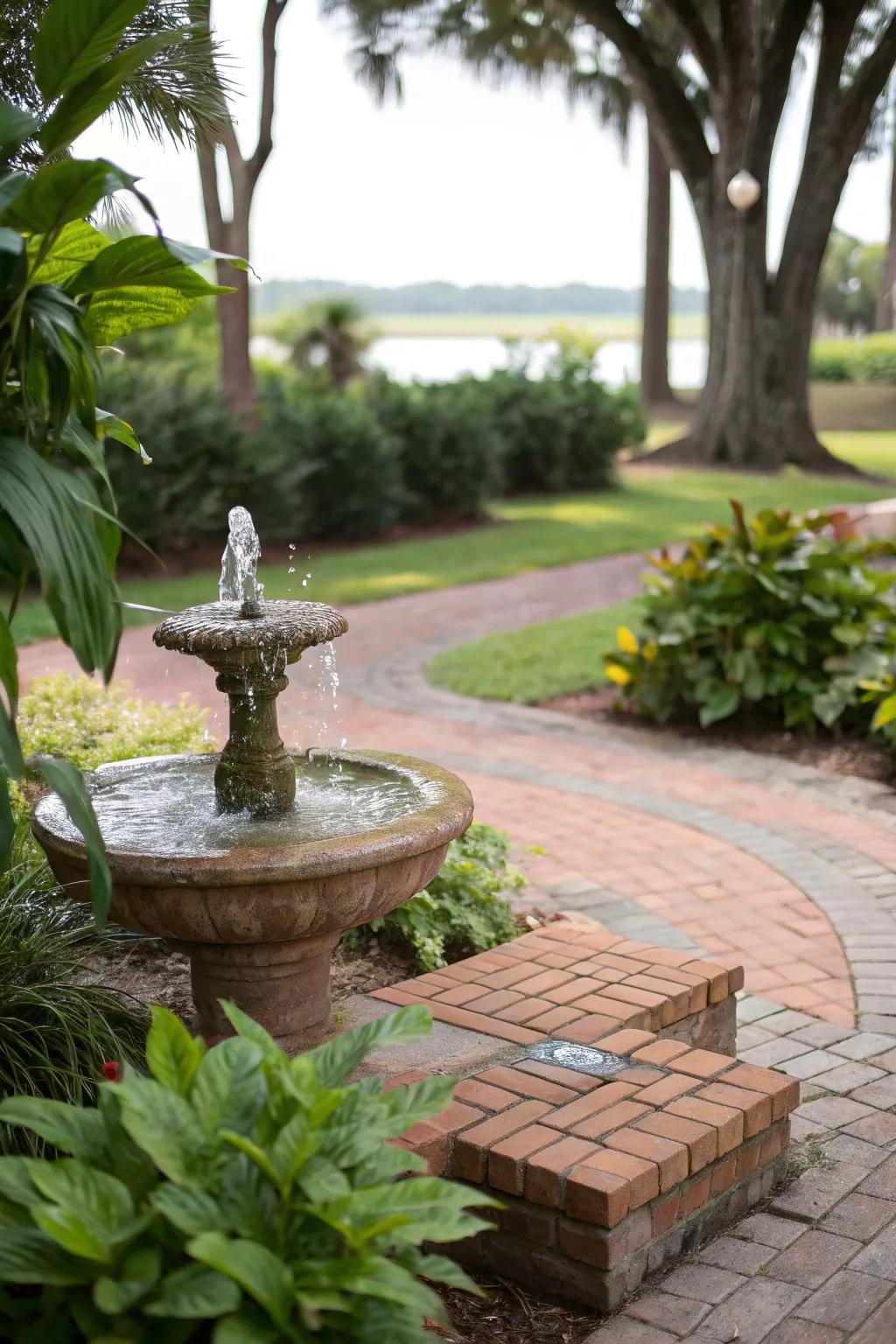 A water feature adds tranquility to the patio setting