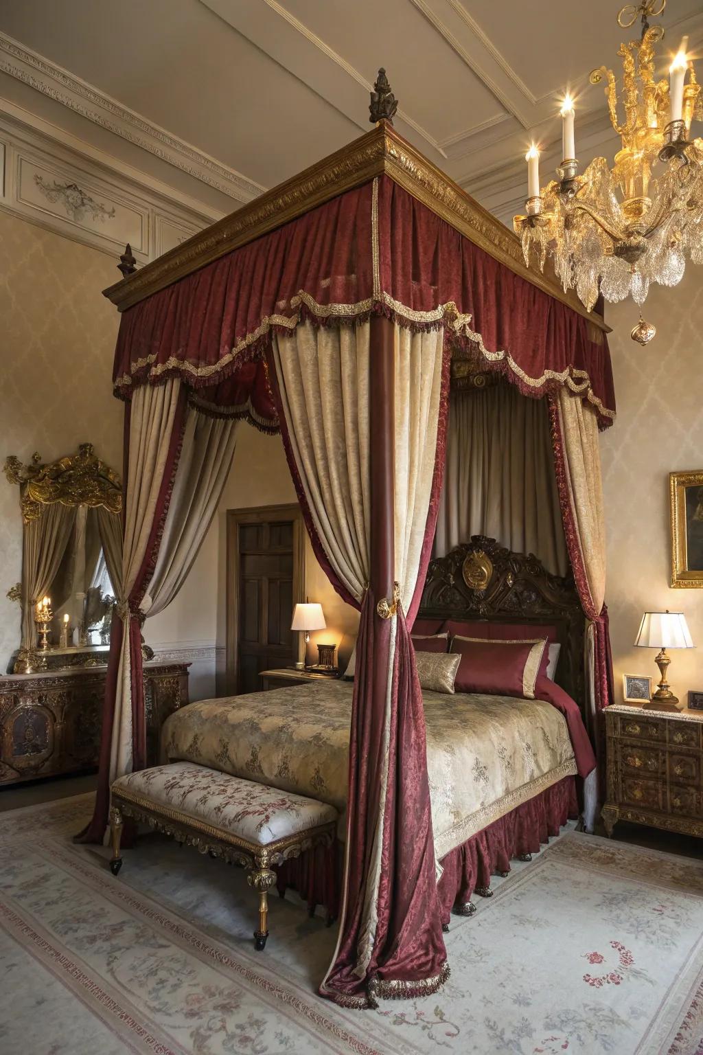 A draped bed produces a dramatic focal point.