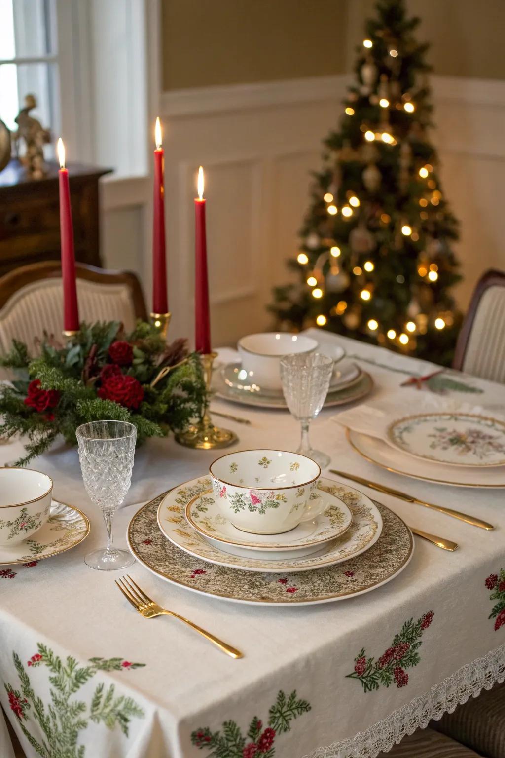 Vintage porcelain and refined linens fashion a timeless table arrangement.