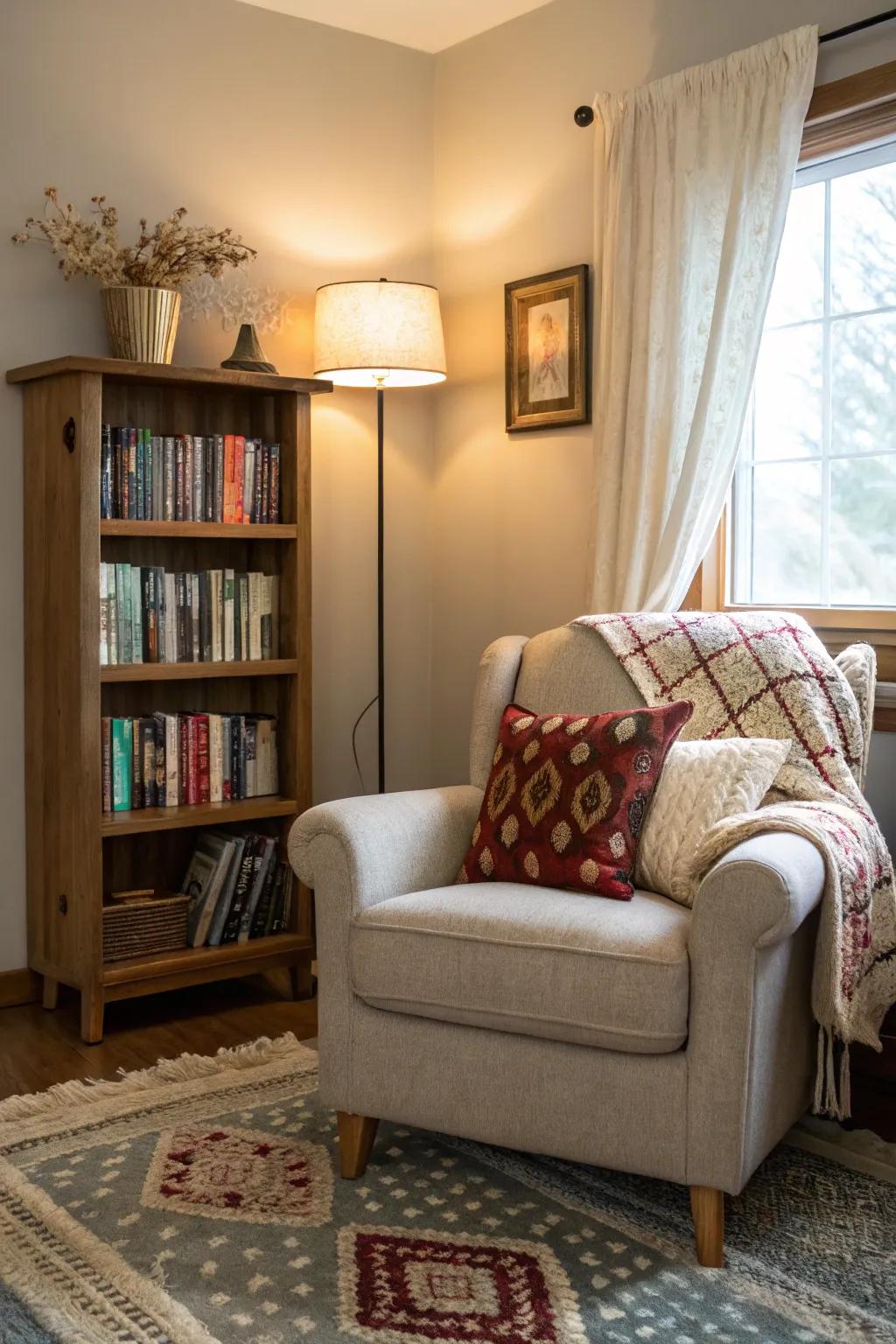 A cozy reading nook offers a personal retreat.