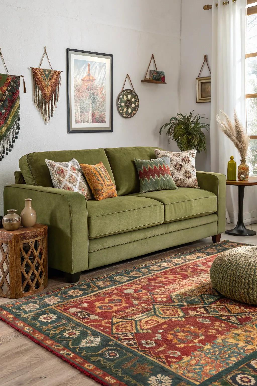 A statement rug grounds the room and enhances the couch.