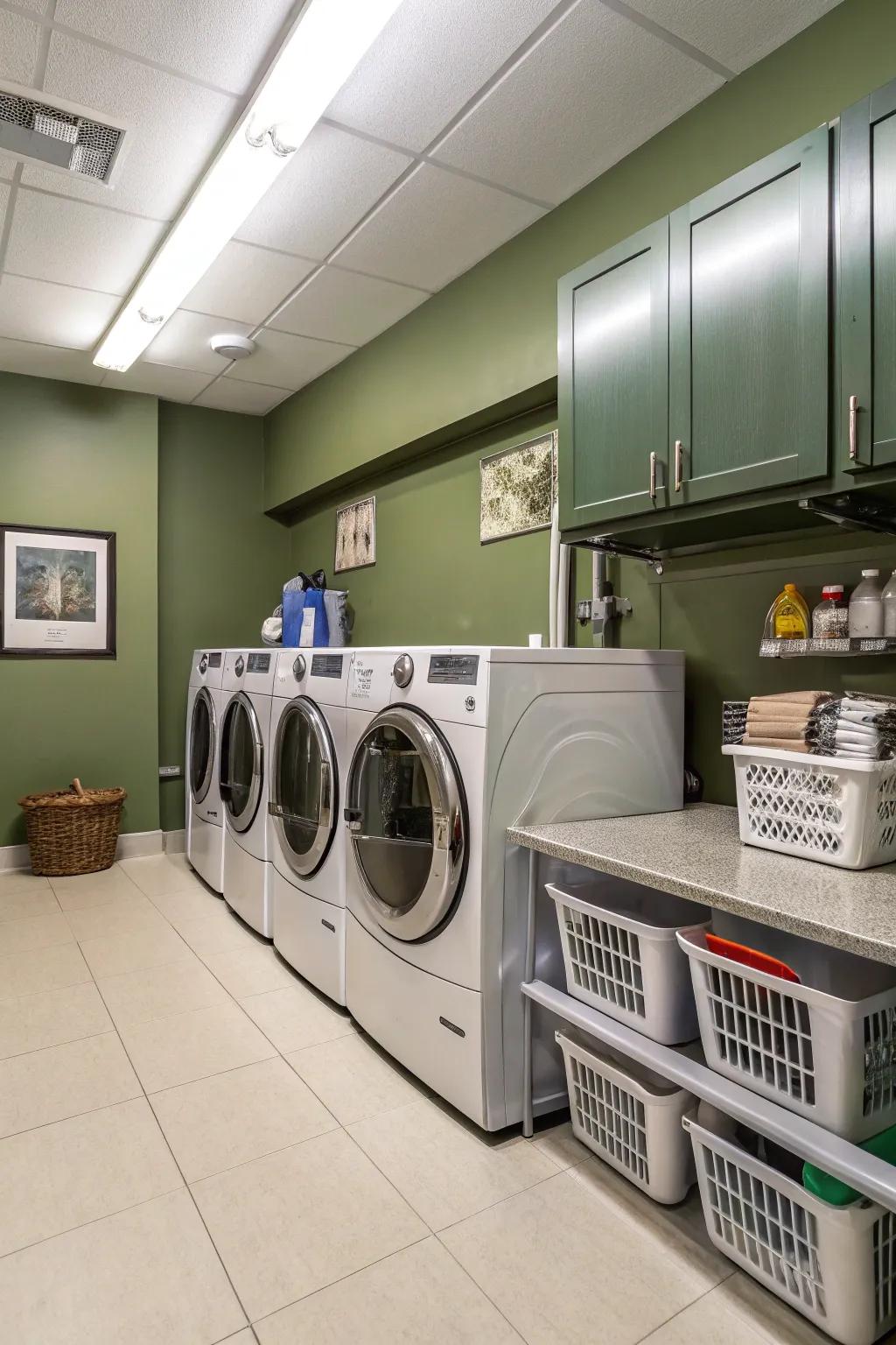 Laundry day is less of a chore in this olive green laundry room.