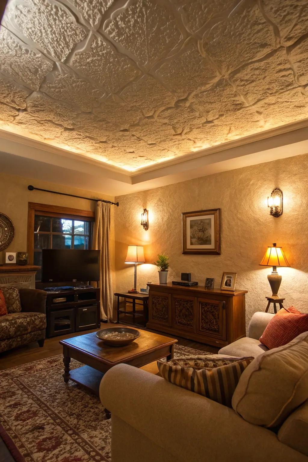 A family area showcasing a textured covering ceiling introducing profundity and fascination.