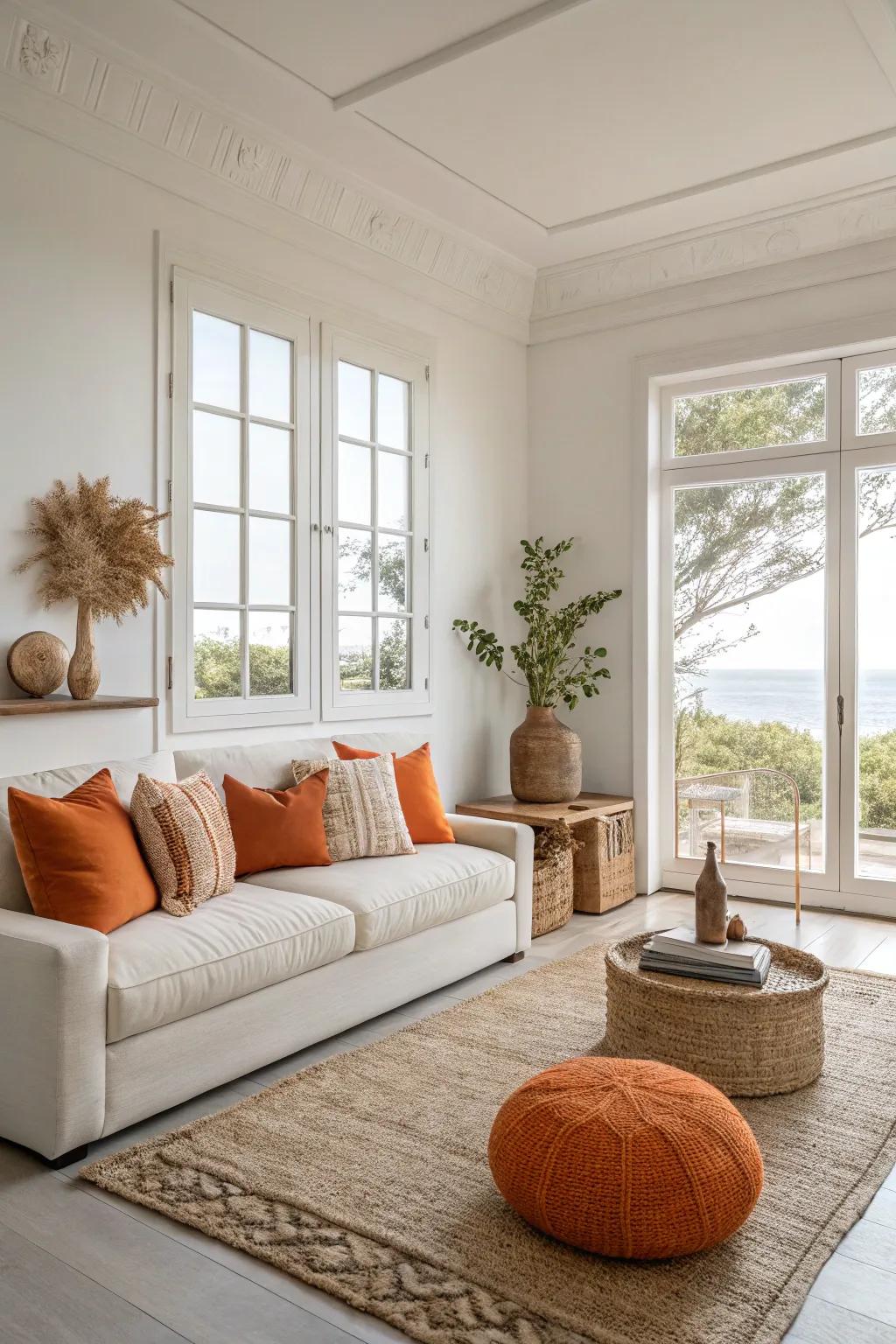 Minimalist design meets vibrancy with subtle orange touches.