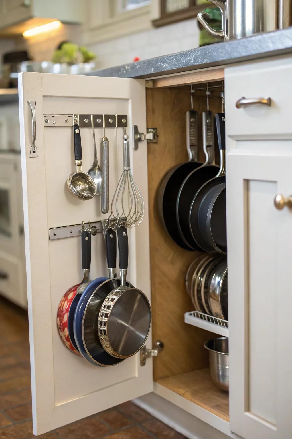 Pegs inside a cabinet door maximize storage space.
