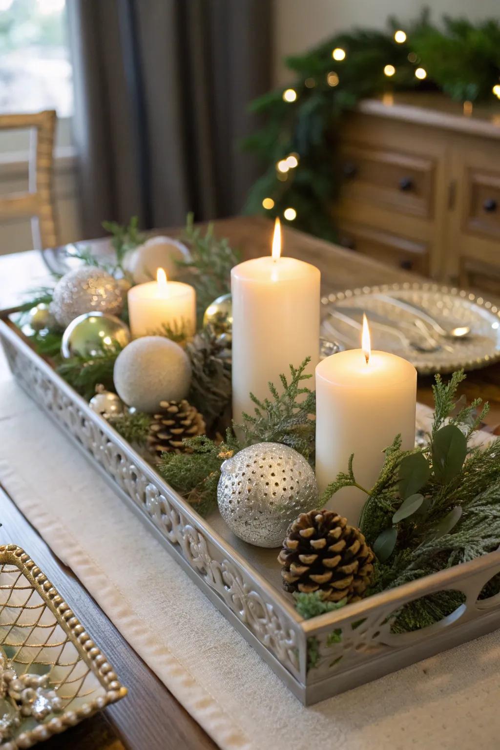 A stylish centerpiece with a decorative tray of ornaments.