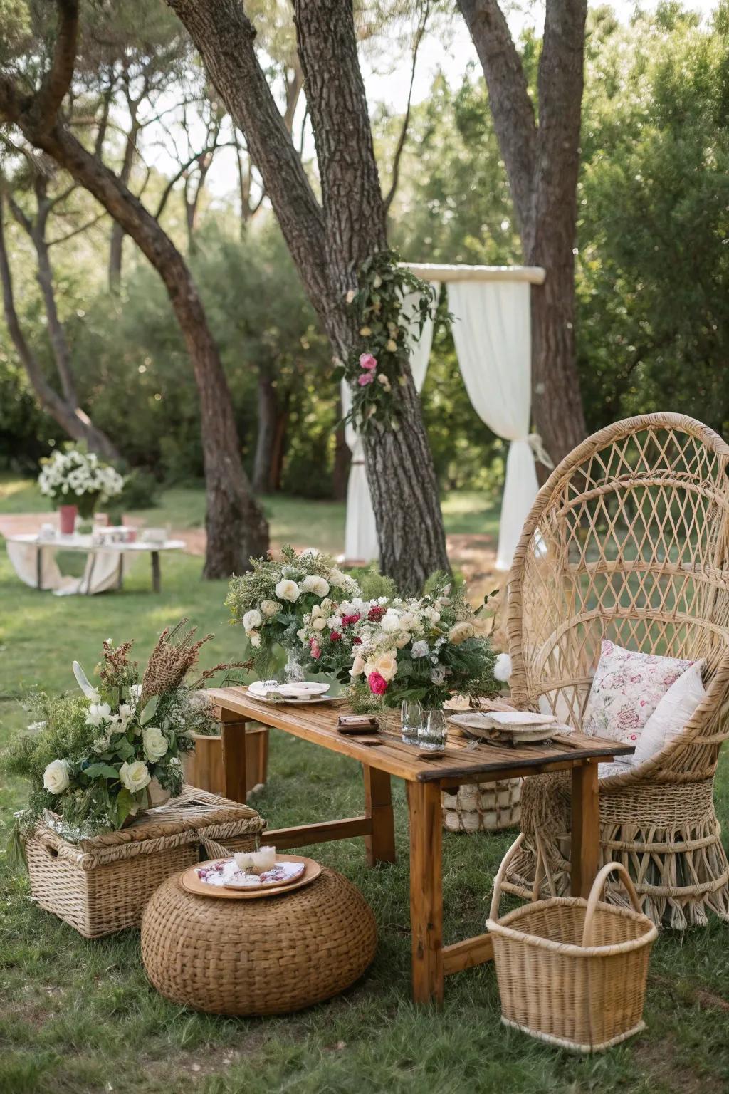 Weaved elements append texture and flair to the boho wedding setup.