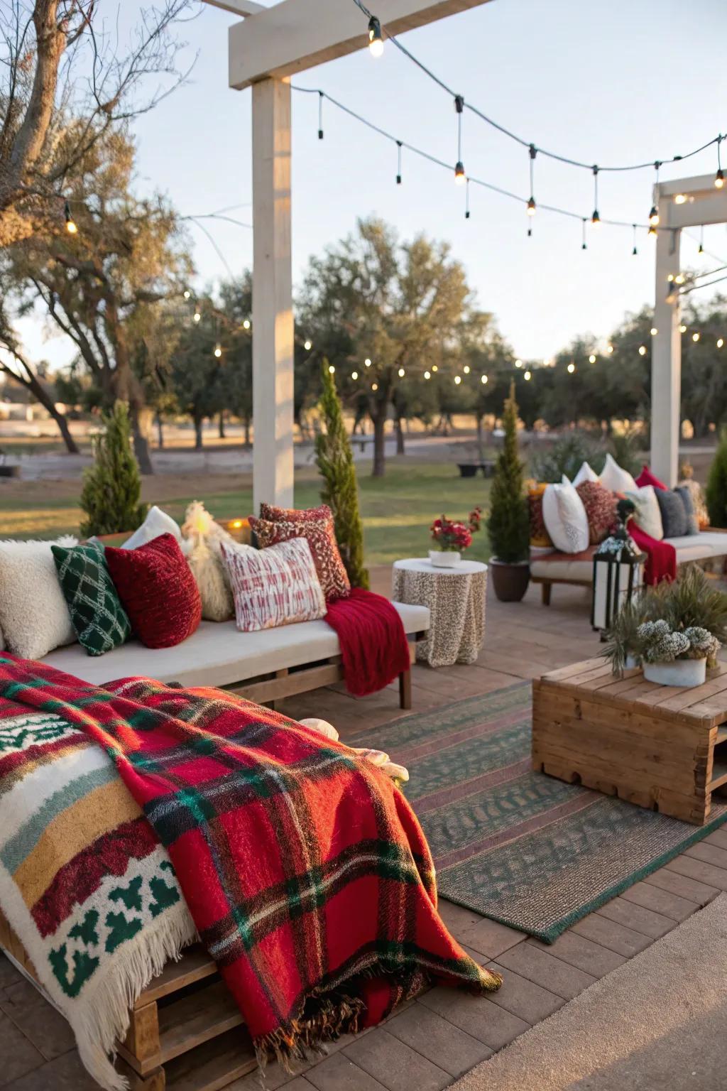 Create a cozy corner with festive outdoor seating.