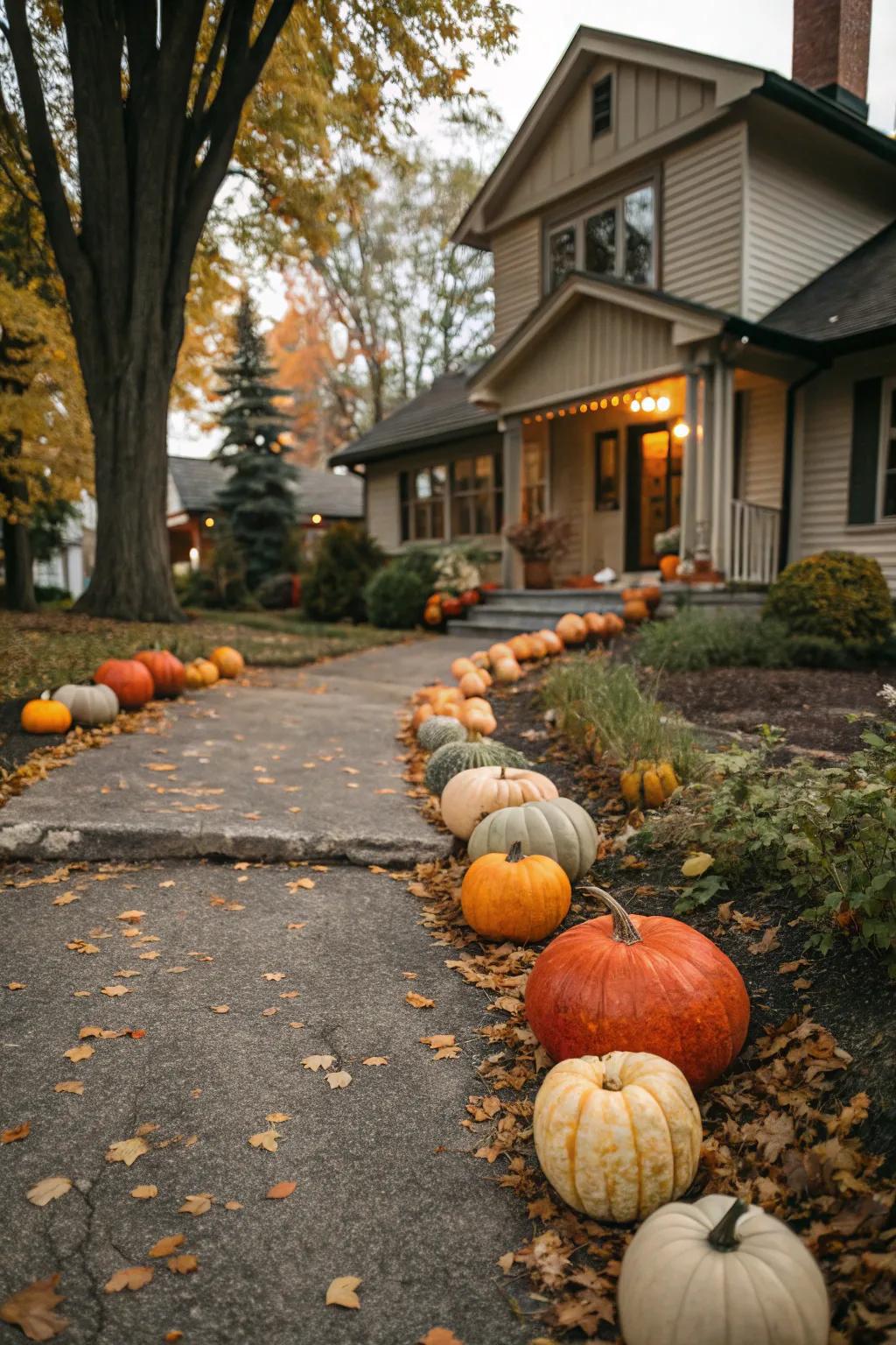 A welcoming route of squashes guiding visitors to the All Hallows' Eve festivities.