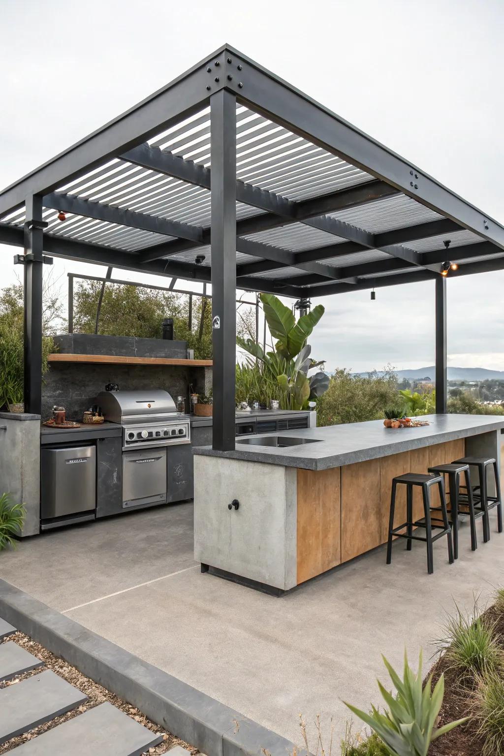 Capture an urban sensation with an industrial-edge outdoor kitchen gazebo.