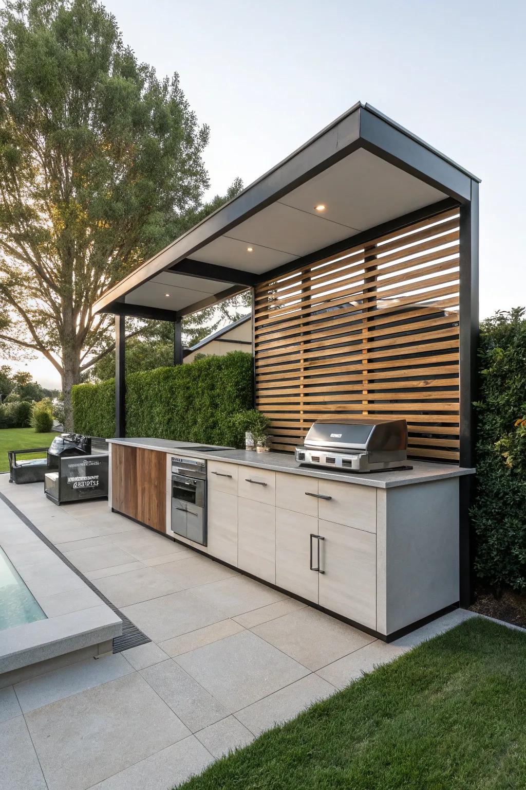 A functional outdoor kitchen island with a stylish slatted wall that provides extra storage.