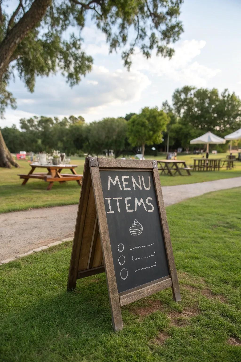 Chalkboard menus add rustic charm and keep guests informed.