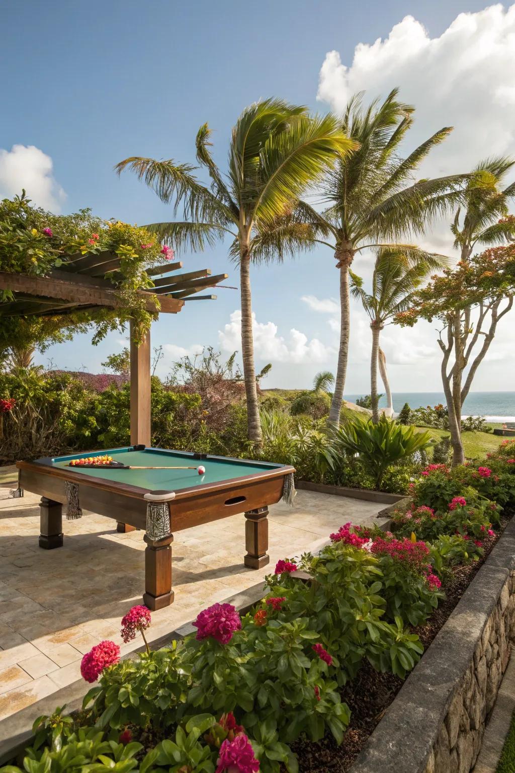 A tropical-themed billiard table space complete with lush, vibrant greenery.