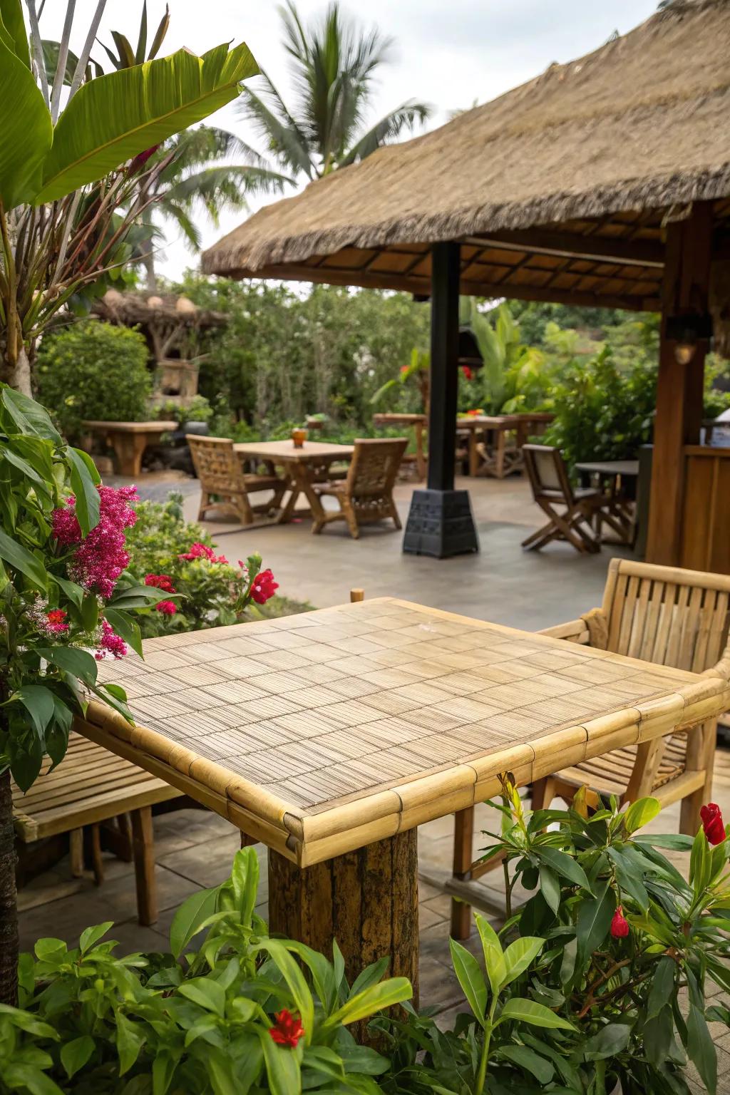 Bamboo table tops provide sustainability with an exotic, tropical flair.
