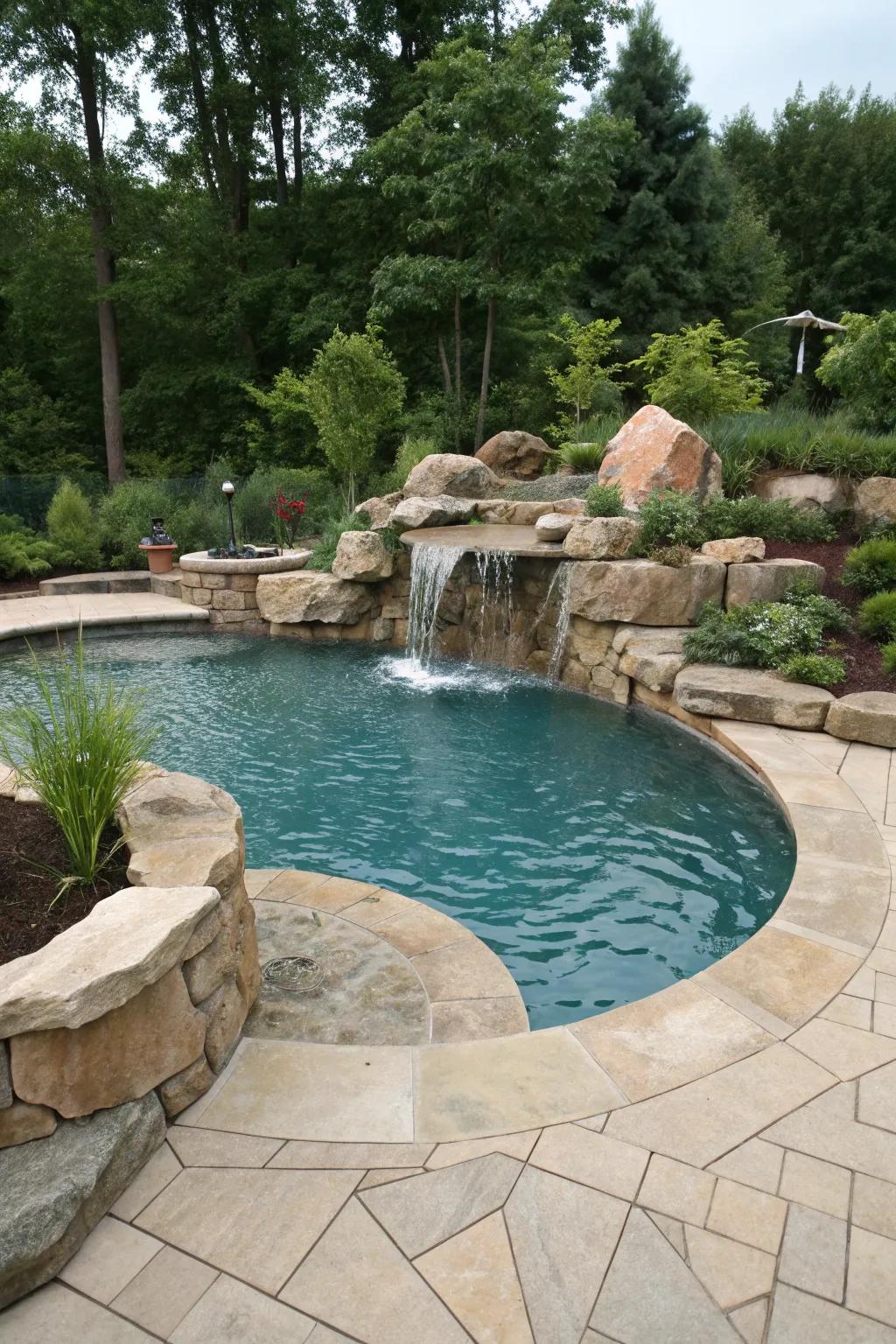 A waterfall element lends calming sounds and aesthetic charm.
