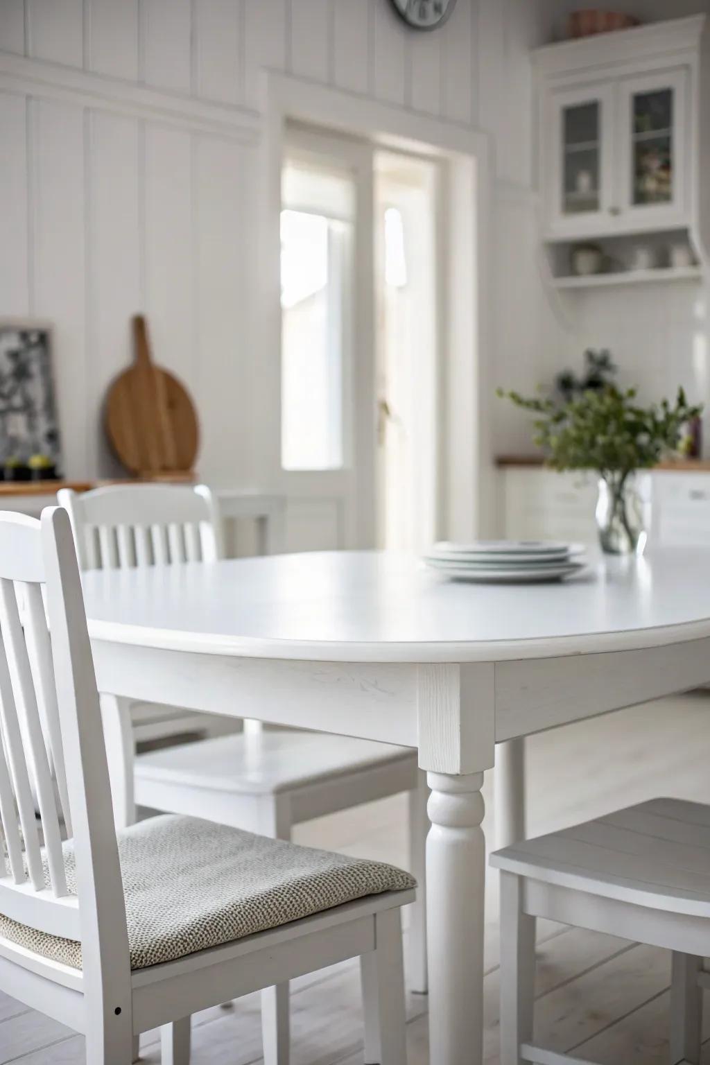 Full white paint enhances your dining table with monochrome magic.