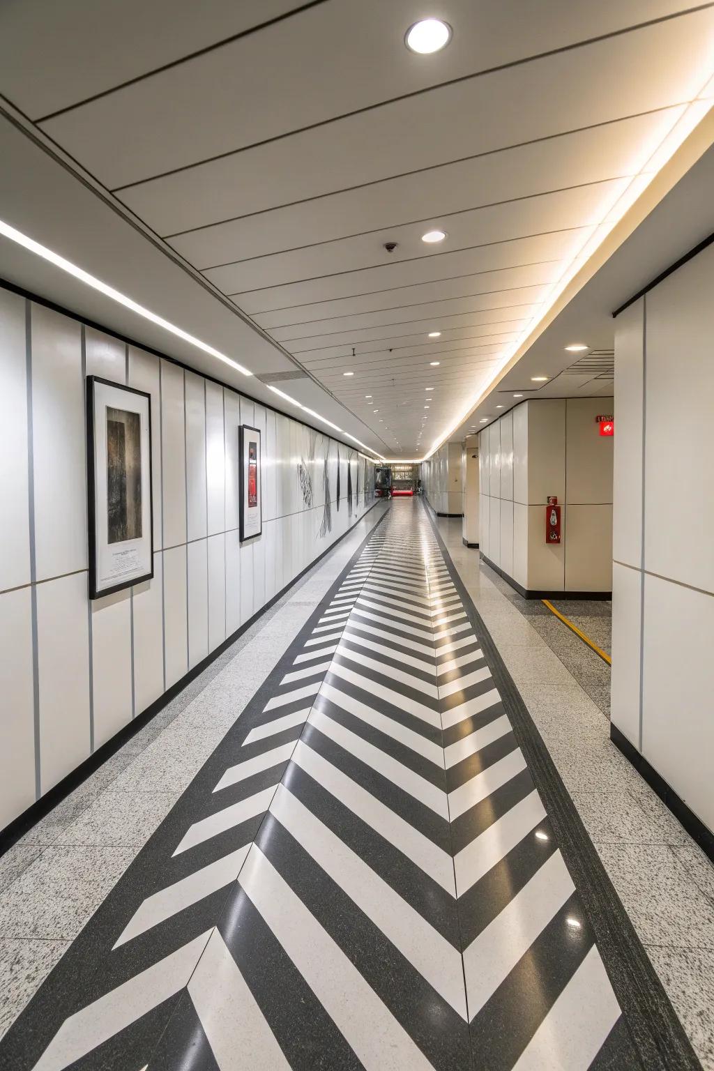A corridor enhanced by dynamic slant painted floors, visually expanding the space.