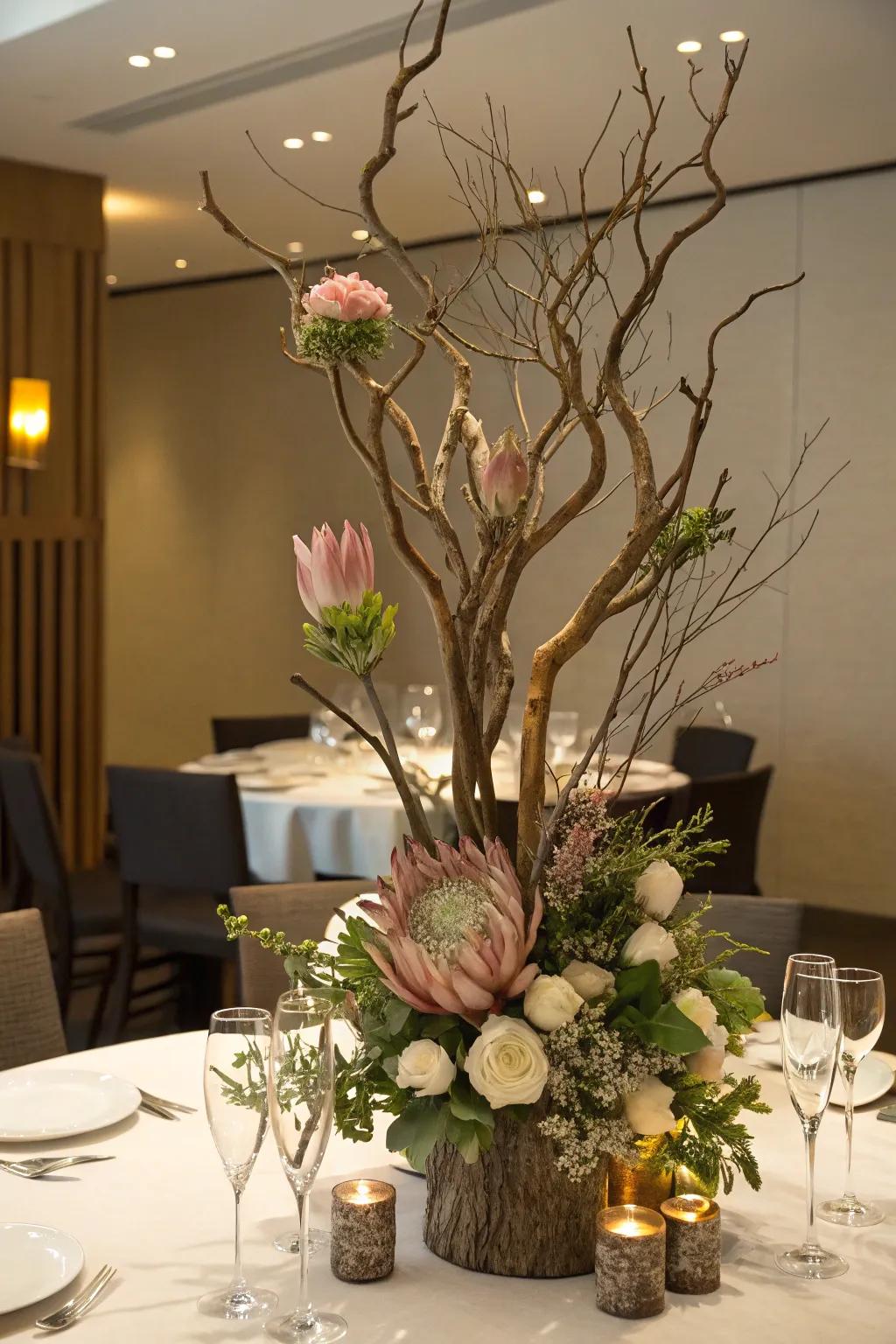 An artistic centerpiece made with sculptural elements.