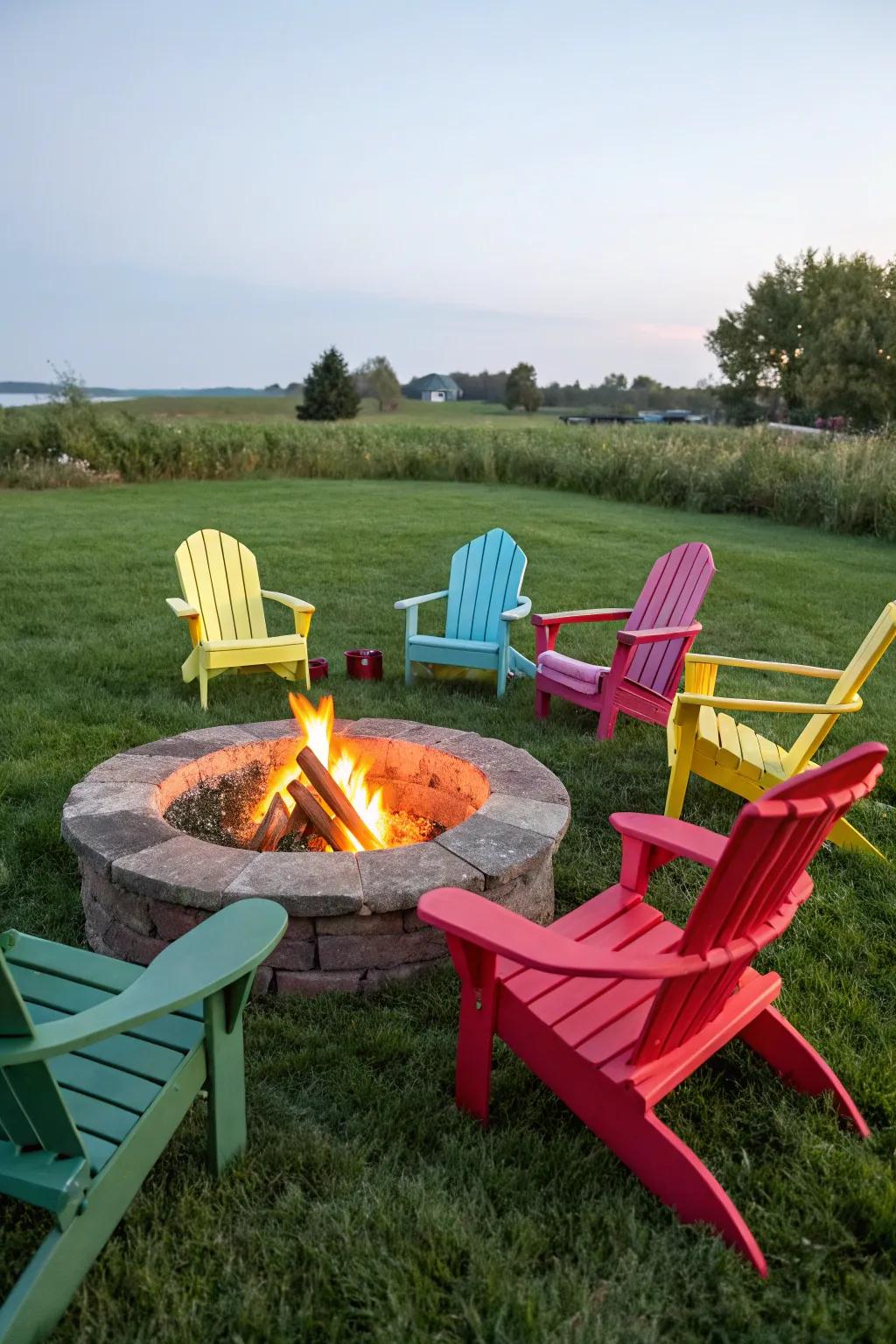 Vibrant Adirondack chairs add both color and comfort to your firepit area.