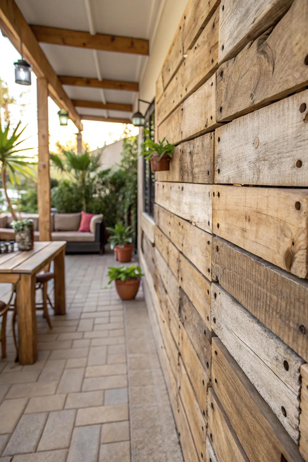 A countryside-inspired patio structure crafted from reclaimed timber pallets.